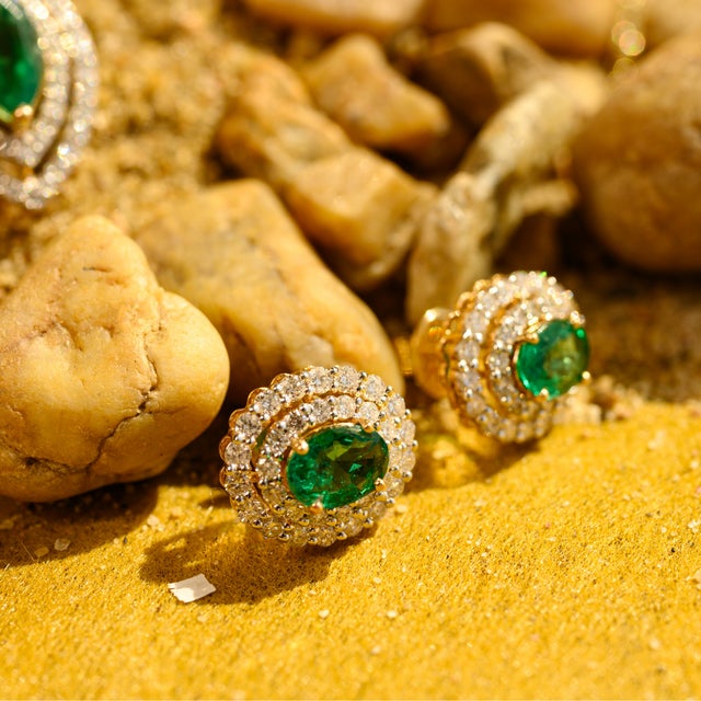 Not Yet Made - Made To Order 18k Double Halo Natural Emerald Green Stud Earrings- A Pair For Sale - Image 5 of 10