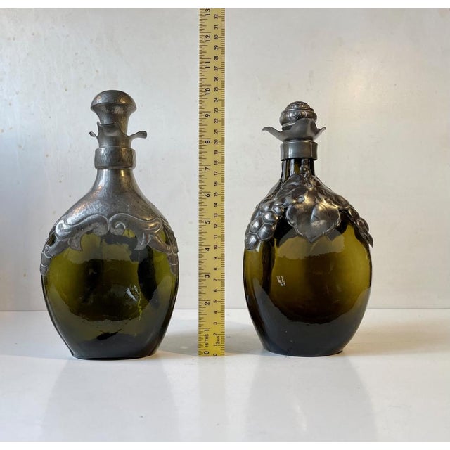 Danish Decanters in Green Glass and Pewter, 1910s, Set of 2 For Sale - Image 12 of 14