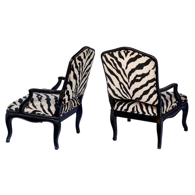 A Wild Pair of 1980's, Vintage Faux Zebra Upholstered Chairs. Black painted wood frame French Style. Add a Splash of Style...
