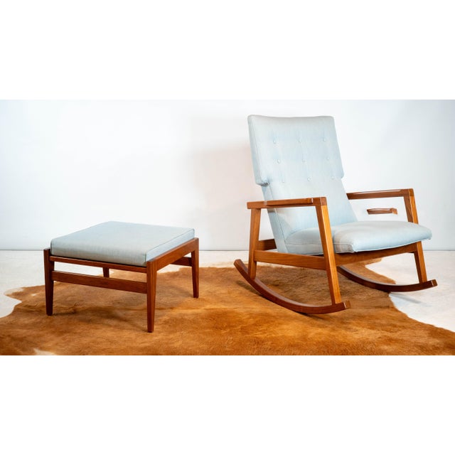 Authentic Design Within Reach "Risom Rocker" and matching "Jens Ottoman", designed by Jens Risom, circa mid-2010s. Danish...
