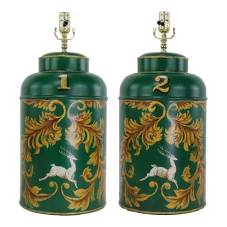 Pair of Vintage Green English Export Hand-Painted Tea Canister Table Lamps For Sale