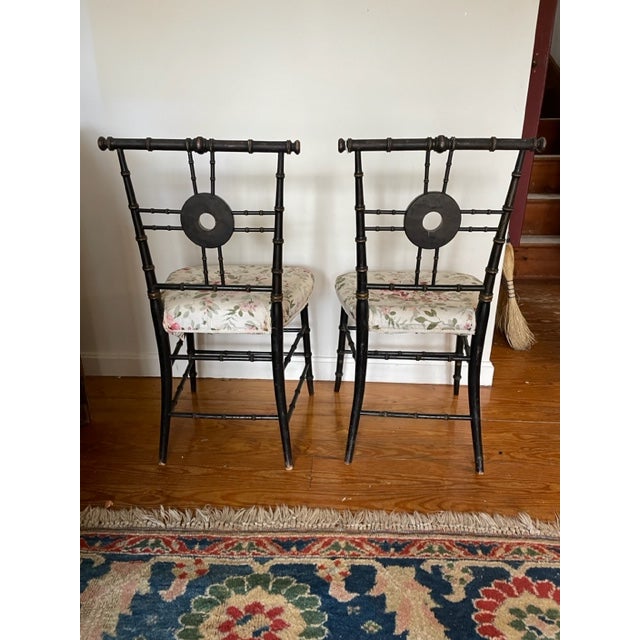 Pair of Vintage Faux Bamboo Style Hallway Chairs in Black With Gold