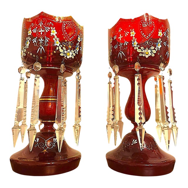 Pair of Victorian Bohemian Ruby Glass Mantel Lusters With Original Prisms, C. 1880 For Sale