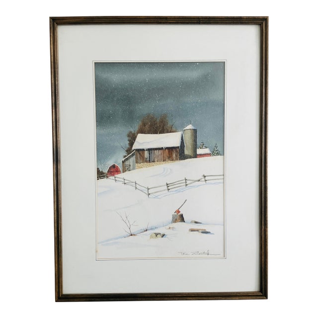 Original Large Watercolor Winter Farm Scene by Tom Zientek For Sale