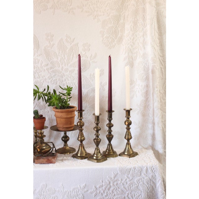 Brass Set of 4 English Brass Large Candlesticks, 1900s For Sale - Image 8 of 9