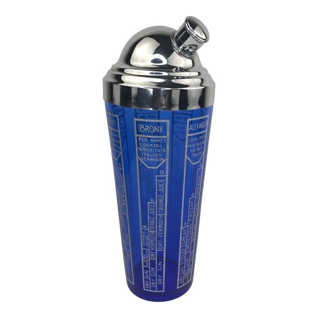 Art Deco Cobalt Blue Cocktail Shaker With Classic Recipes For Sale