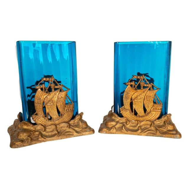 Antique American Art Deco Brass Glass Vases Ship Bookends Bradley & Hubbard 1925 For Sale - Image 11 of 13