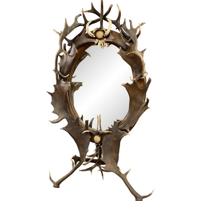 Large Antique Antler Standing Mirror, Germany Ca. 1890 For Sale