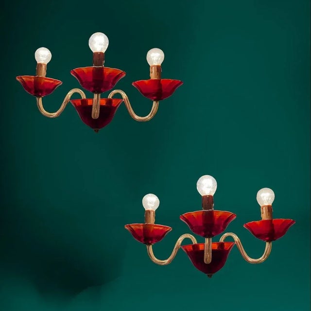 Vintage Italian Ruby Red Murano Glass Sconces from Made Murano Glass, Set of 2 For Sale - Image 4 of 7