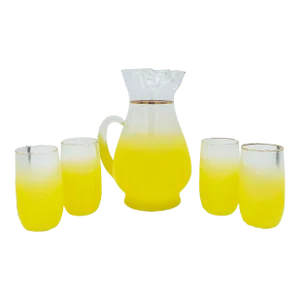Mid Century Vintage ‘Blendo’ Yellow Frosted Glass Cocktail Pitcher and Glasses Set- 5 Pieces