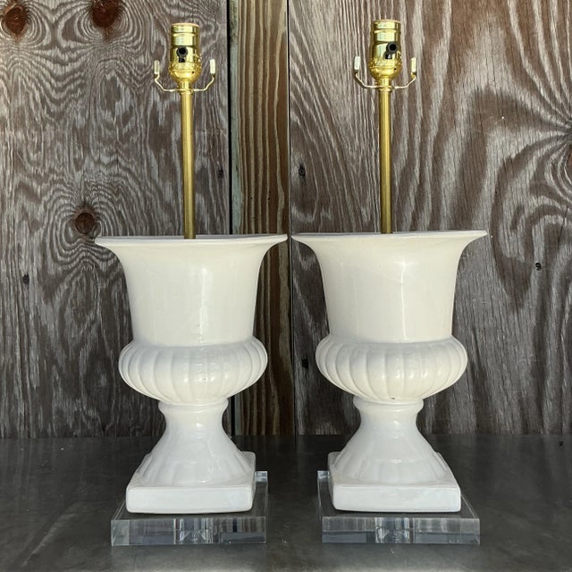Hollywood Regency Vintage Boho Glazed Ceramic Urn Lamps - a Pair For Sale - Image 3 of 9