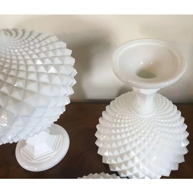 Vintage Milk Glass Covered Centerpiece Bowl with Saw Tooth Design - a Pair For Sale - Image 10 of 12