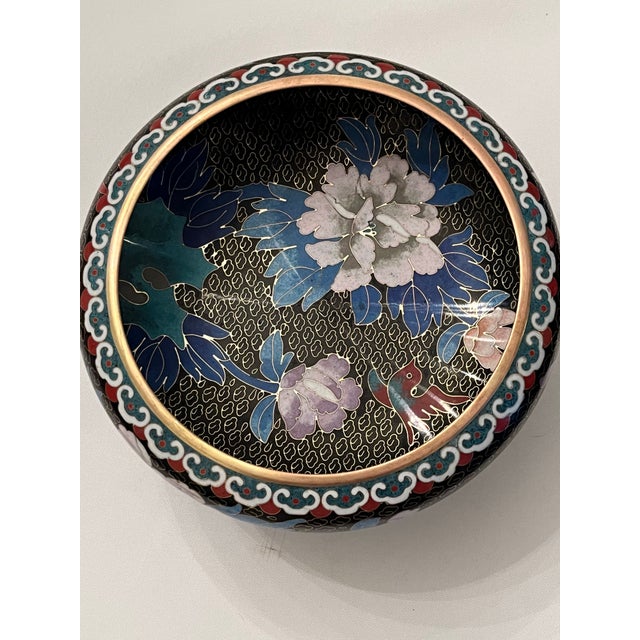 Chinese Cloisonné Black Enamel Bowl, Flowers and Birds, 8” With Stand For Sale - Image 9 of 12