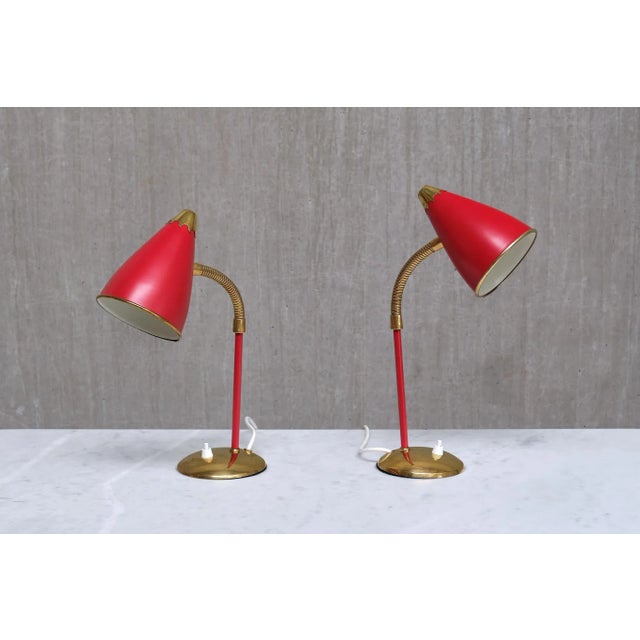 Vintage Norwegian Adjustable Table Lamps in Red Metal and Brass, 1960s, Set of 2 For Sale - Image 4 of 17
