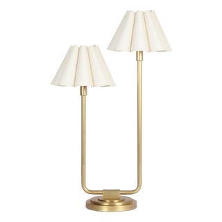 Polly Double Arm Table Lamp, Natural Brass with Oyster Scalloped Shade For Sale