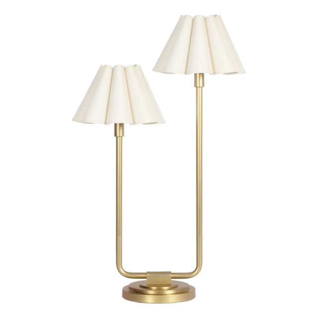 Regina Andrew Polly Double Arm Table Lamp, Natural Brass with Oyster Scalloped Shade For Sale