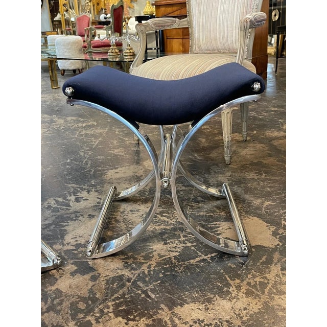 Mid Century Modern Vintage Italian Heavy Chrome Plated and Velvet Stool For Sale - Image 9 of 9