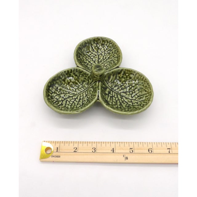Farmhouse 1970s Olfaire Portugal Green Cabbage Leaf 3-Section Condiment Relish Dish — Portuguese Majolica For Sale - Image 3 of 5