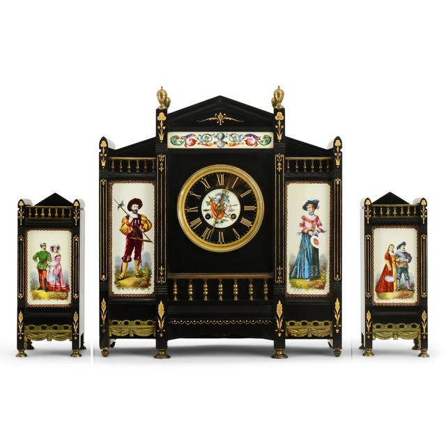 Antique French Black Marble and Hand-Painted Clock Garniture Set, Late 19th Cent For Sale - Image 11 of 11