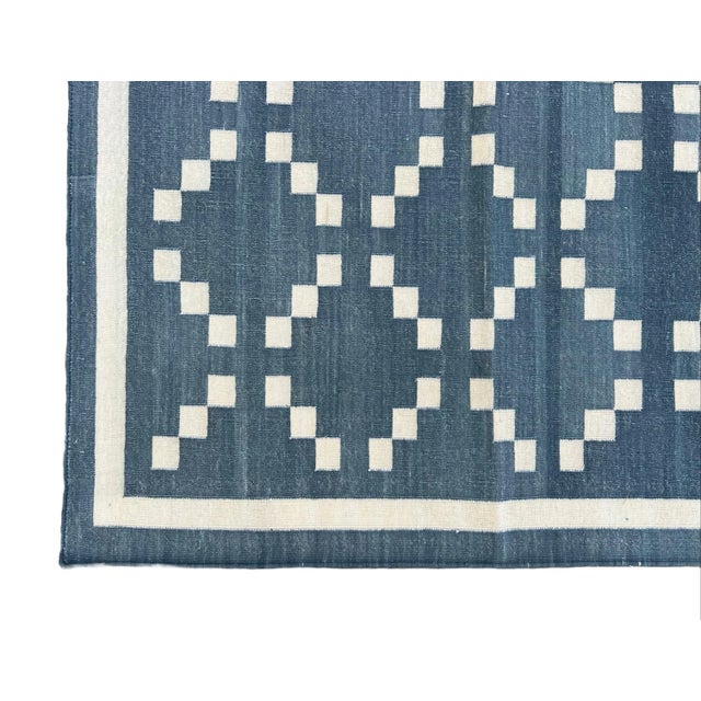 Handmade Cotton Rug, Contemporary Slate Gray & Cream Diamond Pattern Dhurrie - 10'x14' For Sale - Image 10 of 11