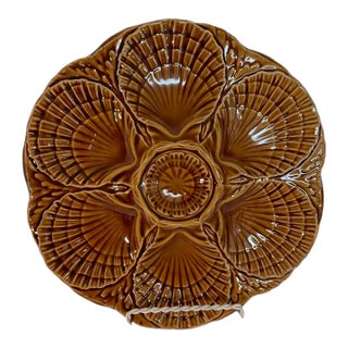Vintage French Sarreguemines Gold Majolica Oyster Plate For Sale