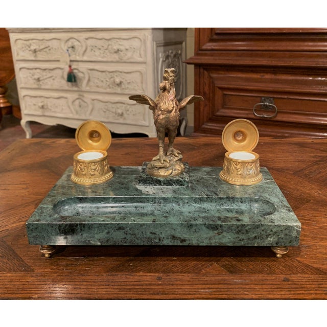 Metal 19th Century French Green Marble and Bronze Rooster Inkwell Signed Melotte For Sale - Image 7 of 13