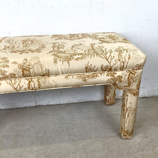 French Mid 20th Century Louis XVI Style Upholstered Foot-of-Bed Bench in Classic Toile For Sale - Image 3 of 9
