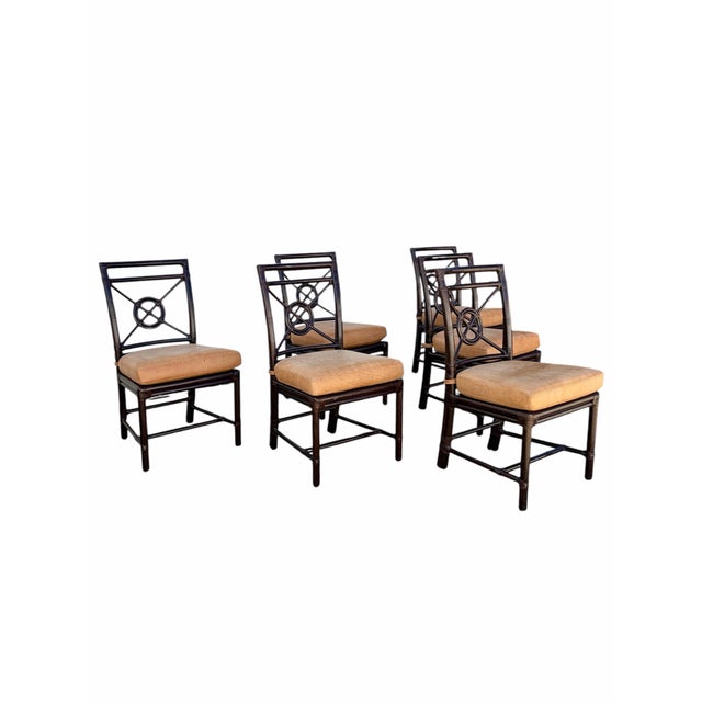 Set of 6 McGuire Rattan Target Back Dining Chairs with Premium Tan Pigmented Leather Cushions. Also available in sets of...