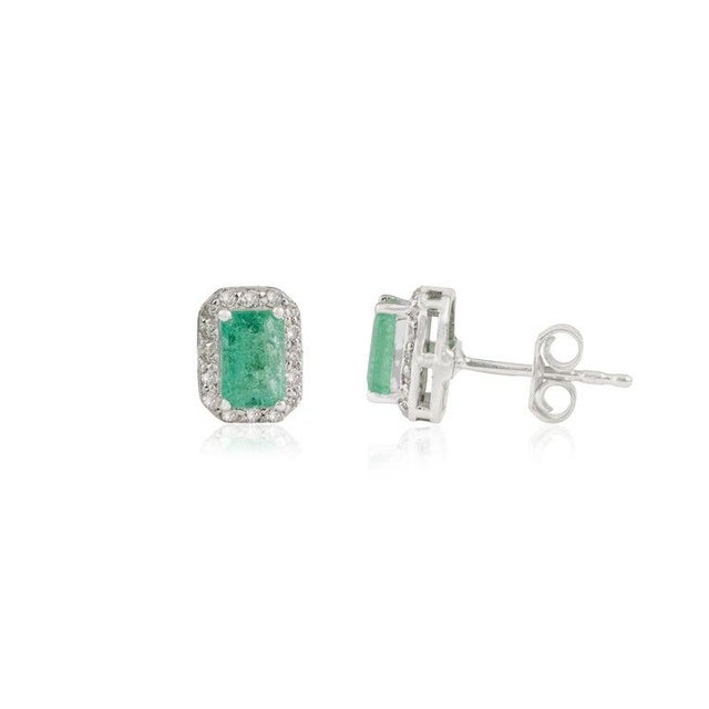 Art Deco 1.13 Carat Octagon Cut Emerald & Halo Diamond Stud Earrings- 2 Pieces For Sale - Image 3 of 11