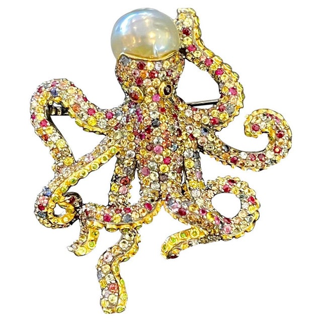 Bochic "Orient" Vintage Fancy Sapphire & South Seal Baroque Pearl Brooch For Sale - Image 15 of 18