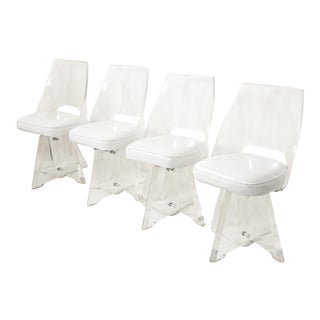 Set of Four Midcentury Lucite Dining Chairs With White Leather Seats For Sale