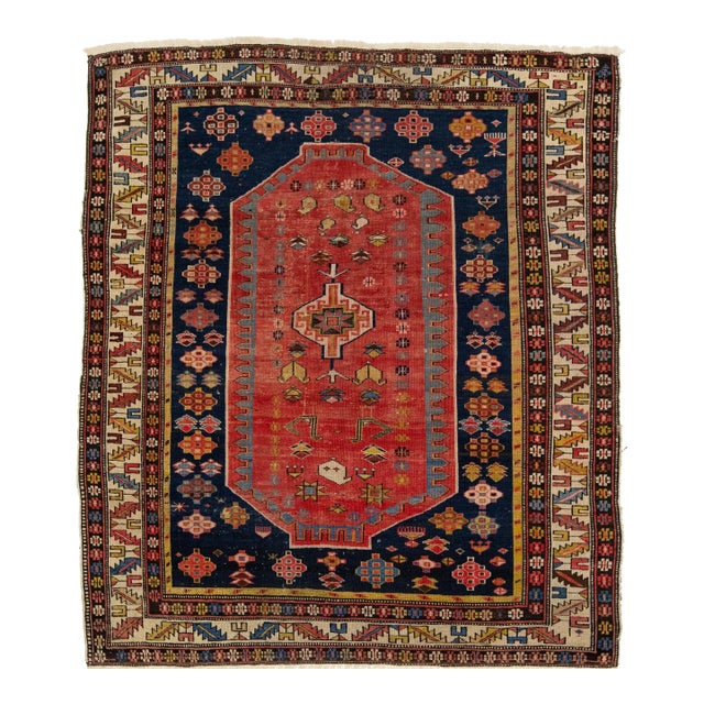 Antique Persian Shirvan Red Wool Rug With Tribal Design For Sale
