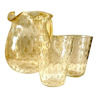 2000s Striulli Verte D’Arte Murano Carafe Set- 2 Glasses Signed For Sale