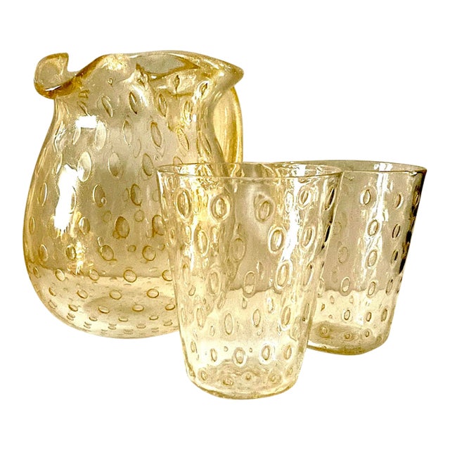 2000s Striulli Verte D’Arte Murano Carafe Set- 2 Glasses Signed For Sale
