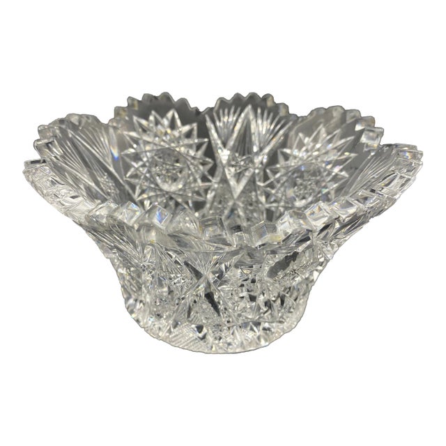 Vintage 1853 Corning American Brilliant Period Cut Glass J Hoare Flared Bowl With Sawtooth Rim For Sale