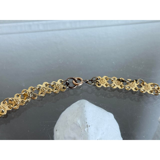 Hollywood Regency Vintage 1960s Gold Tone Etruscan Revival Fringe Bib Collar Necklace With Faux Coral Dangles For Sale - Image 3 of 10