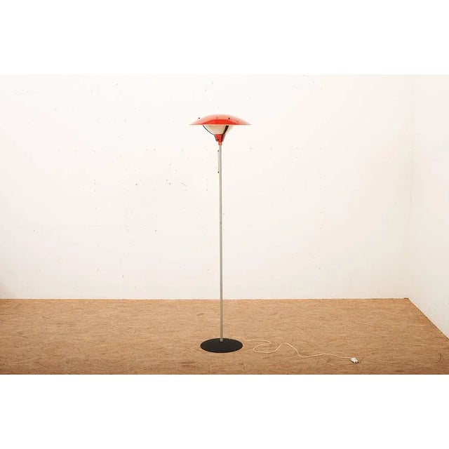 Gray Painted Tubular Steel Floor Lamp with Black Metal Base, Red Painted Metal Shade and Frosted Glass Diffuser For Sale - Image 10 of 10
