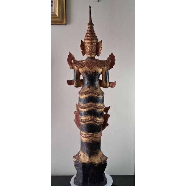 Gold Large Antique Burmese Carved Gilt Wood Theppanom Guardian Statue 47” Tall For Sale - Image 8 of 9