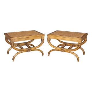 Fine Pair French Walnut Cane Directoire 1950s Era X Cerule X Benches For Sale