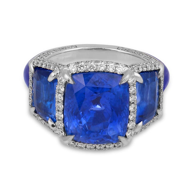 Modern Lugano Gia 14.10 Carat Ceylon No Heat Sapphire Diamond Enamel 18k Gold Ring, Size 6.25 For Sale - Image 3 of 8