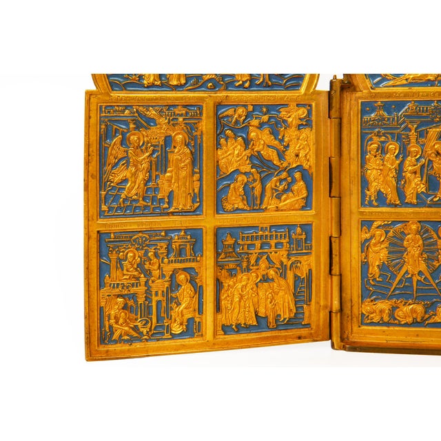 Gold Fine Russian Old Believers Tetraptych Copper Icon With 20 Devotional Panels For Sale - Image 8 of 16