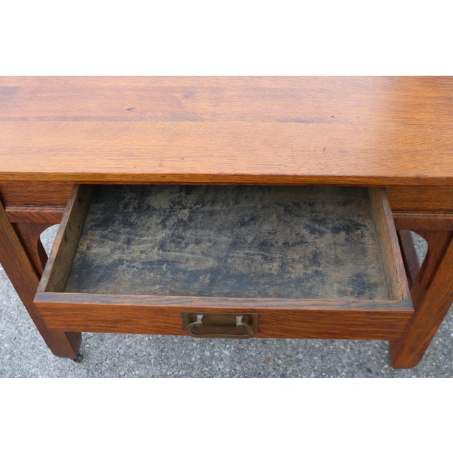 Brown Circa 1910 Quarter-Sawn Tiger Oak Mission Arts and Craft Writing Table on Wheels With Removable Book Shelf and Chair For Sale - Image 8 of 12