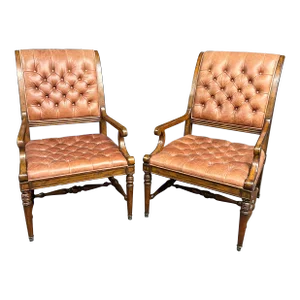 Country French Leather Tufted Open Arm Chairs/Pair