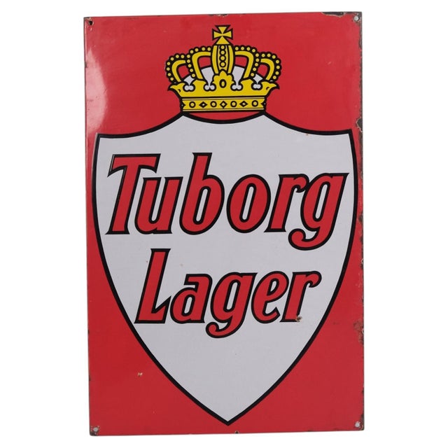 Red Tuborg Lager Enamel Sign with Royal Crown in Red and White For Sale - Image 8 of 8