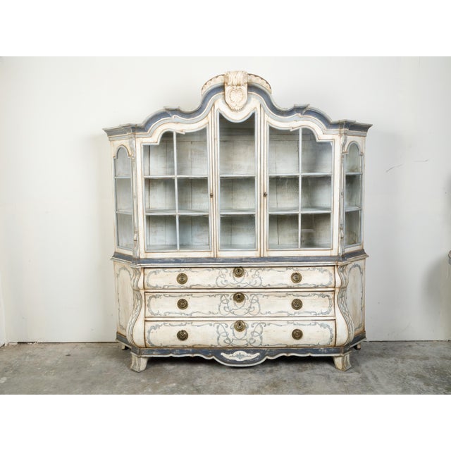 19th Century Large Rococo Style Painted Wood Dutch Cabinet with Glass Doors and Bombé Chest For Sale - Image 4 of 11