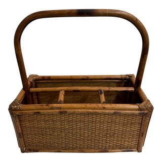 1960’s Scorched Bamboo and Wicker Silverware Caddy For Sale