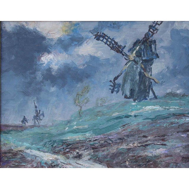 Medium-sized expressive landscape with a staffage showing Don Quixote with Sancho Panza. A painting by an outstanding...