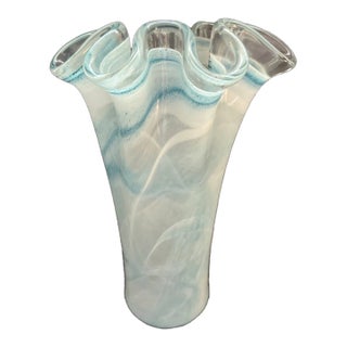 Vintage Murano Blue White Swirl Ruffled Hand Blown Handkerchief Vase For Sale