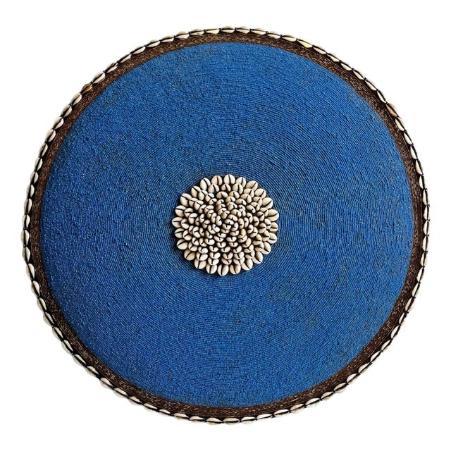 Vintage Blue Beaded Cowry Shield Wall Decor For Sale