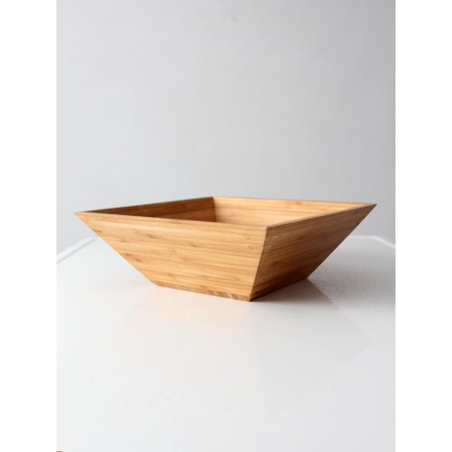Brown Vintage Bamboo Salad Serving Bowl With Hand Shaped Serving Utensils For Sale - Image 8 of 18